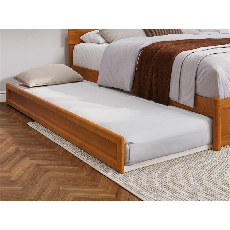 Pemberly Row Queen Platform Bed with Panel Footboard & TXL Trundle in Toffee