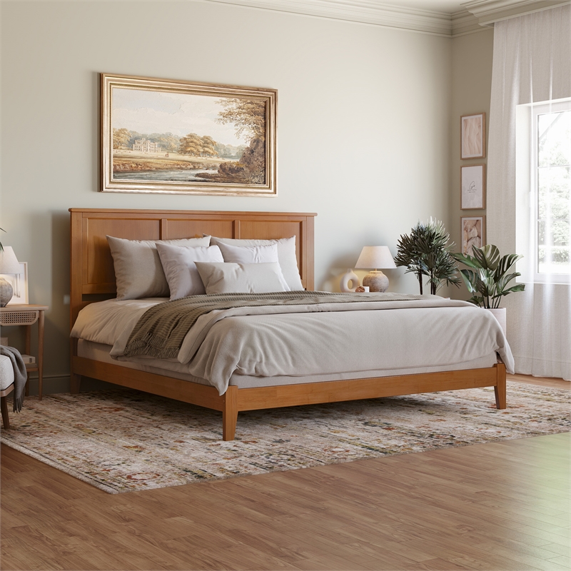 Pemberly Row Contemporary King Solid Wood Foundation Bed in Light Toffee