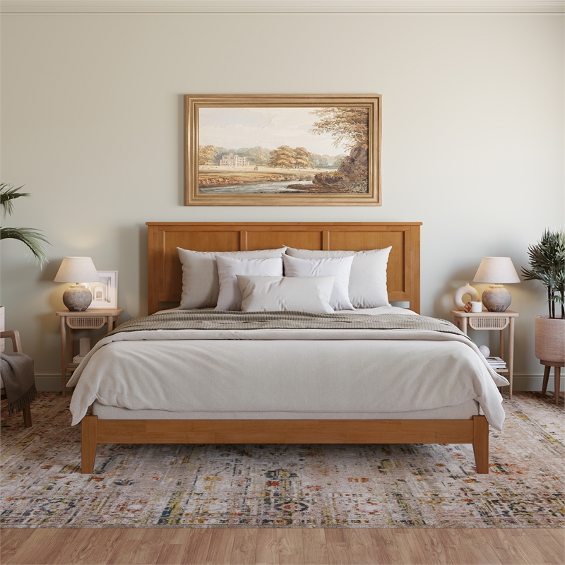 Pemberly Row Contemporary King Solid Wood Foundation Bed in Light Toffee