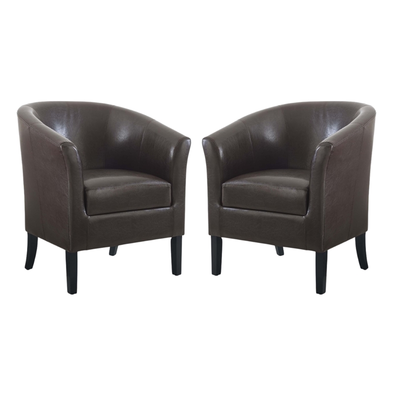 Pemberly Row Set of 2 Upholstered Club Chairs in Brown Faux Leather