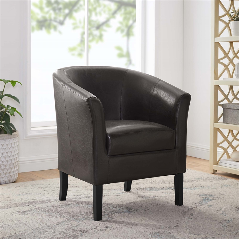 Pemberly Row Set of 2 Upholstered Club Chairs in Brown Faux Leather