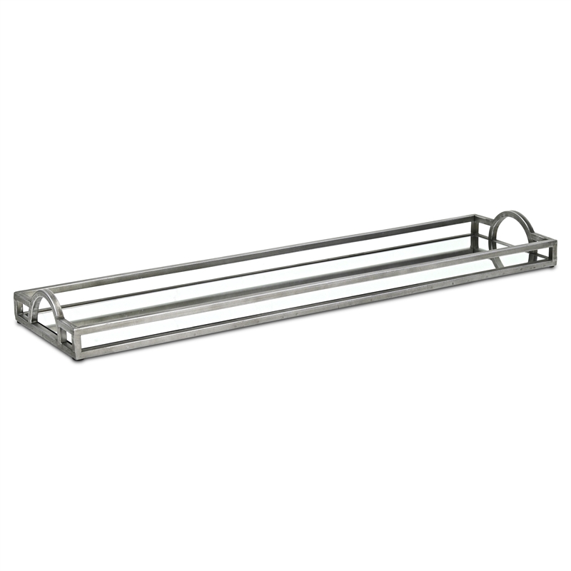 Pemberly Row Slim Rectangular Mirrored Tray with Silver Metal Frame