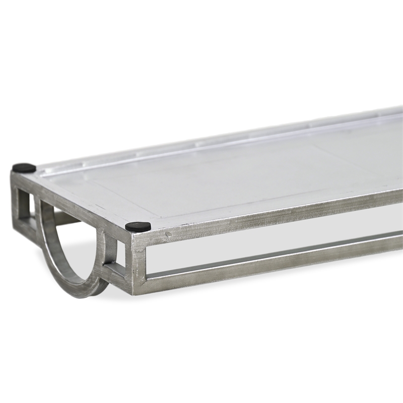 Pemberly Row Slim Rectangular Mirrored Tray with Silver Metal Frame