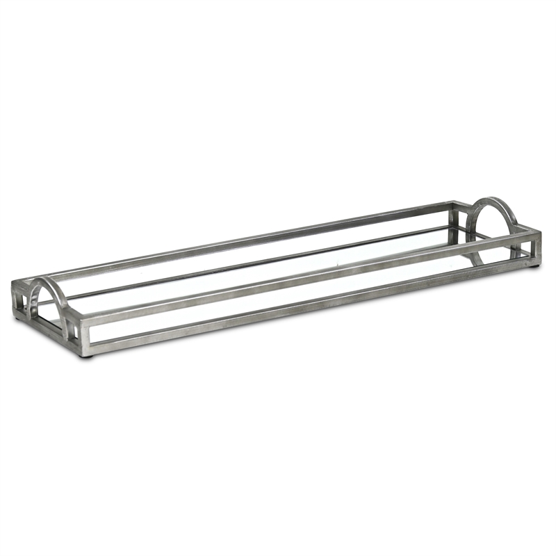 Pemberly Row Slim Rectangular Mirrored Tray with Silver Metal Frame