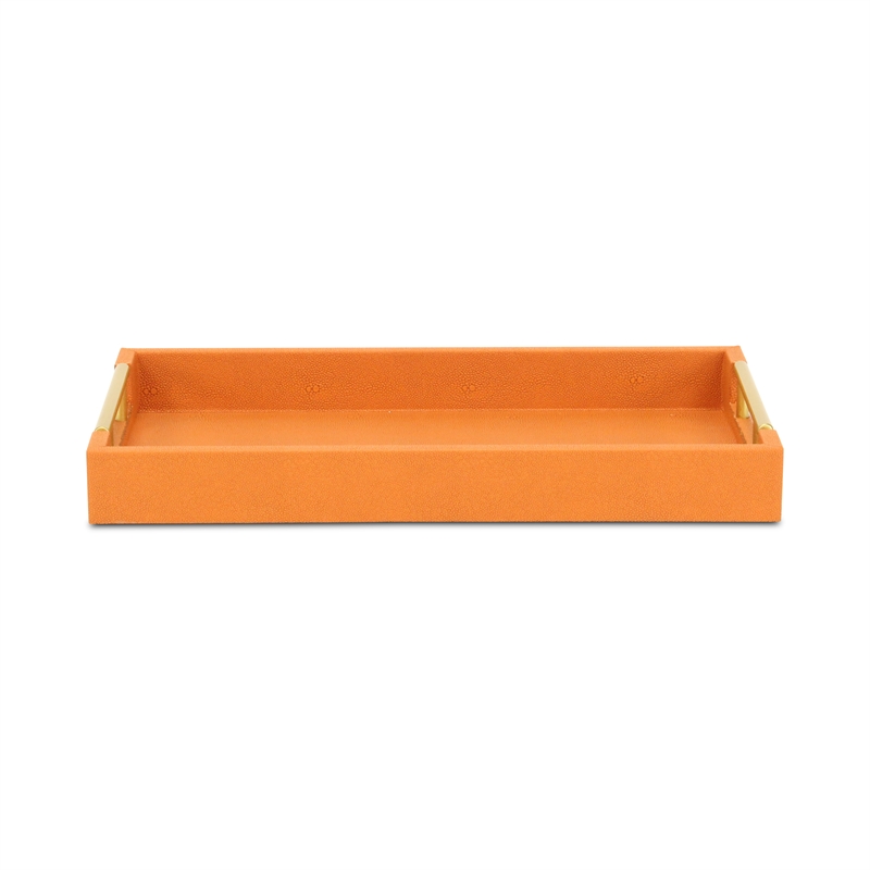 Pemberly Row Lusan Vinyl Tray in Orange Shagreen with Metal Handles