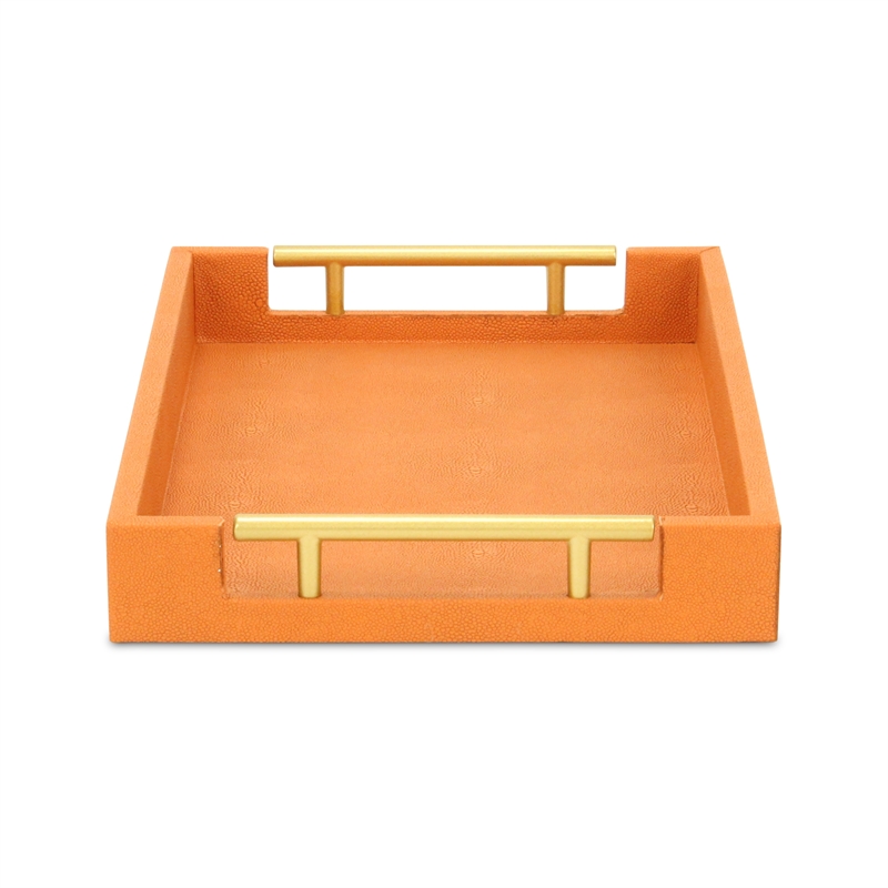 Pemberly Row Lusan Vinyl Tray in Orange Shagreen with Metal Handles