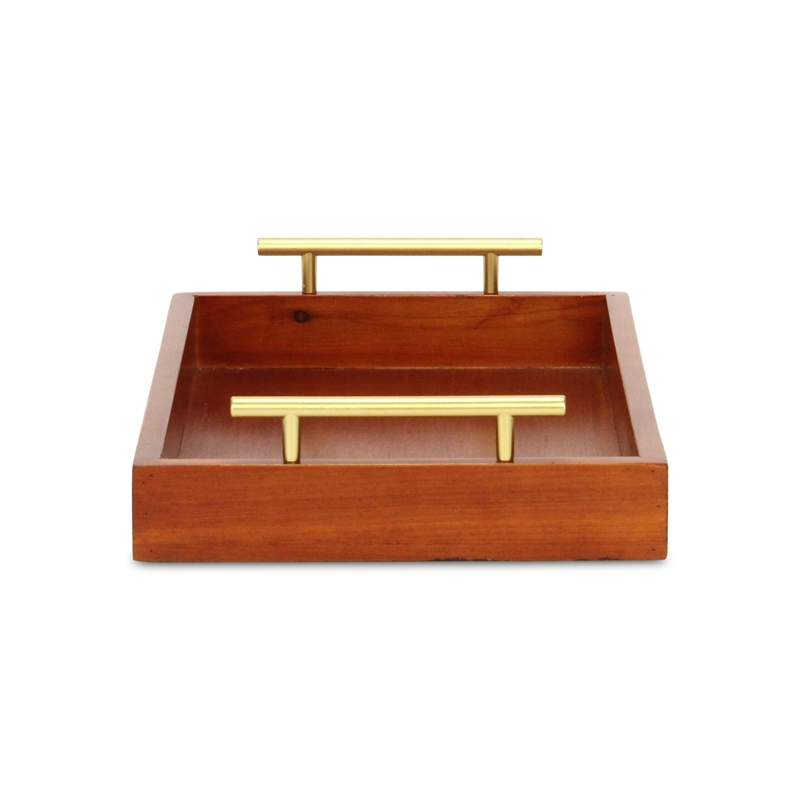 Pemberly Row Coran Rectangular Wood Tray with Gold Metal Handles