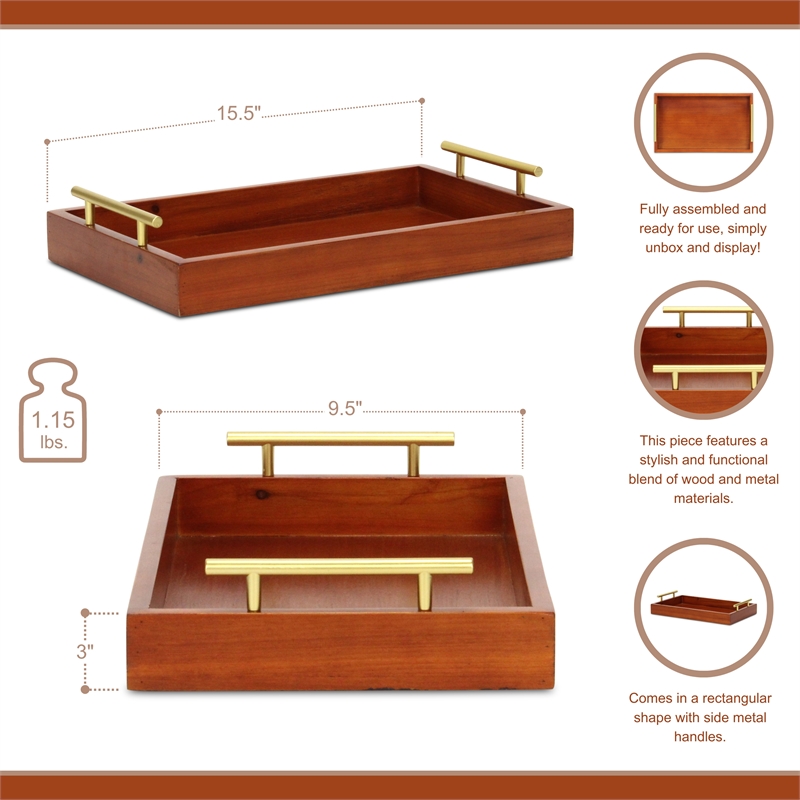 Pemberly Row Coran Rectangular Wood Tray with Gold Metal Handles