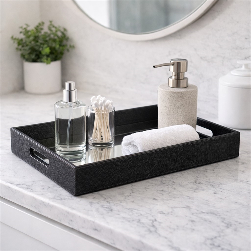 Pemberly Row Labai Shagreen Mirrored Tray in Black with Center Mirror