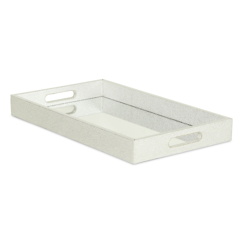 Pemberly Row Labai Silver Shagreen Tray with Mirror and Side Handles