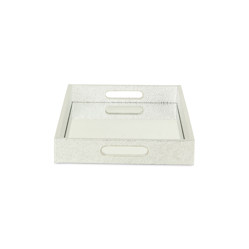 Pemberly Row Labai Silver Shagreen Tray with Mirror and Side Handles
