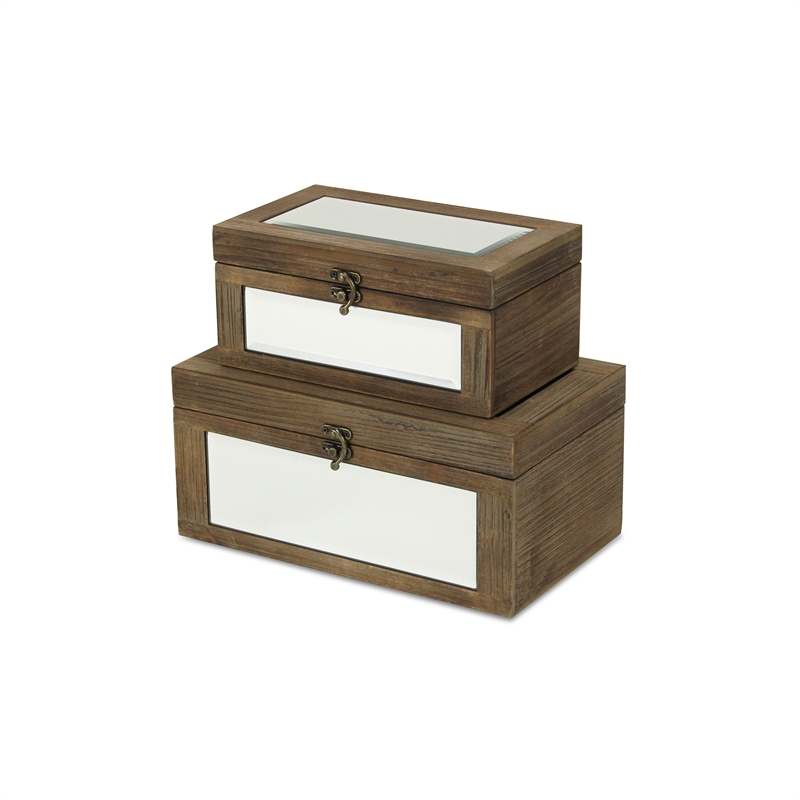 Pemberly Row Set of 2 Mirrored Wood Storage Boxes in Brown