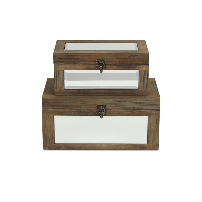 Pemberly Row Set of 2 Mirrored Wood Storage Boxes in Brown