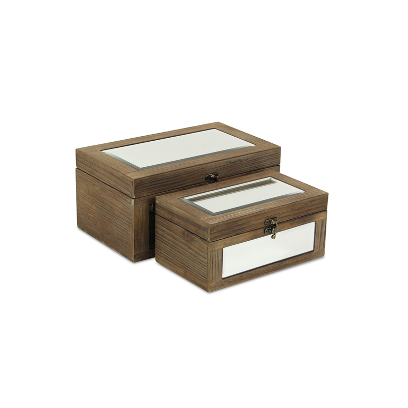 Pemberly Row Set of 2 Mirrored Wood Storage Boxes in Brown