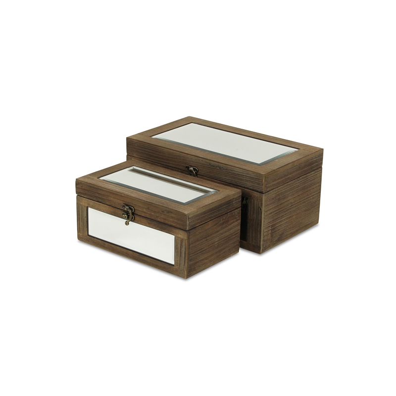 Pemberly Row Set of 2 Mirrored Wood Storage Boxes in Brown