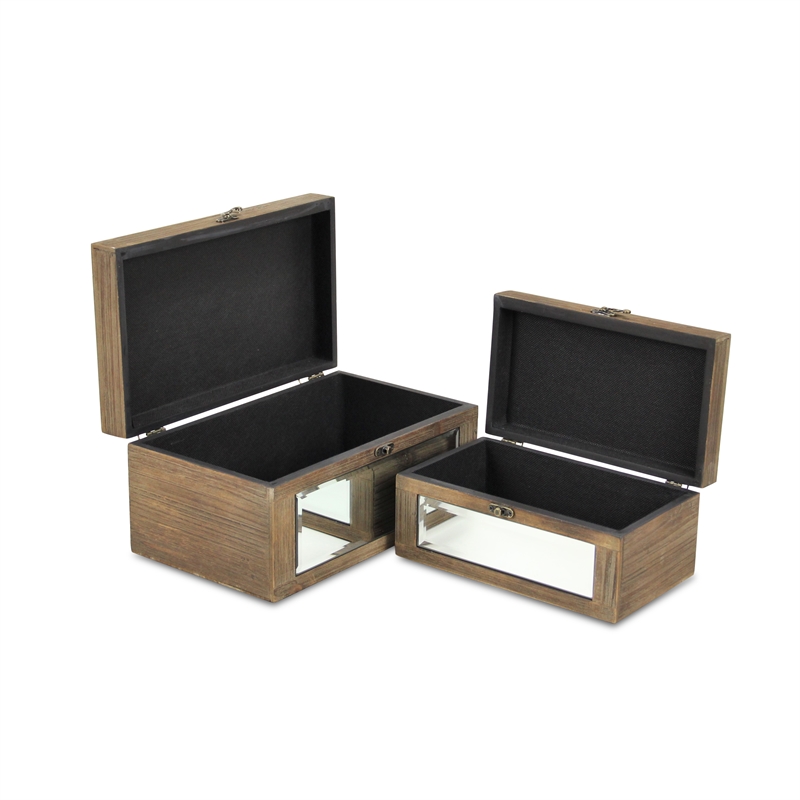 Pemberly Row Set of 2 Mirrored Wood Storage Boxes in Brown