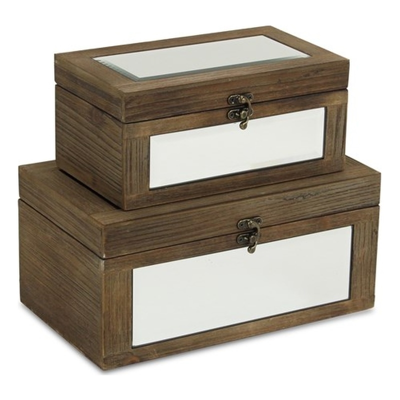 Pemberly Row Set of 2 Mirrored Wood Storage Boxes in Brown