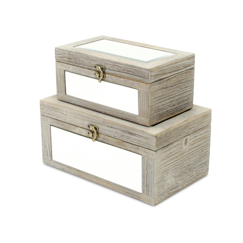 Pemberly Row Set of 2 Mirrored Wood Storage Boxes in Gray Wash