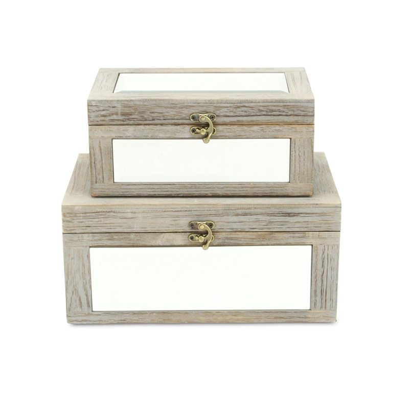 Pemberly Row Set of 2 Mirrored Wood Storage Boxes in Gray Wash