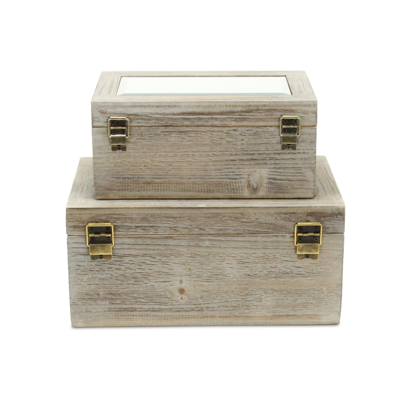 Pemberly Row Set of 2 Mirrored Wood Storage Boxes in Gray Wash