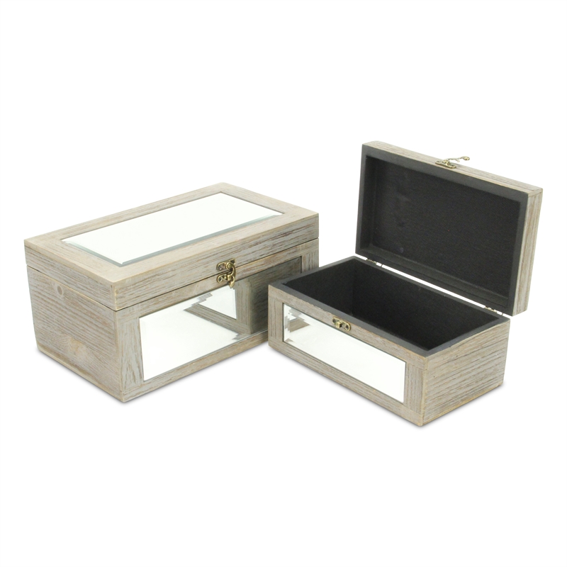 Pemberly Row Set of 2 Mirrored Wood Storage Boxes in Gray Wash
