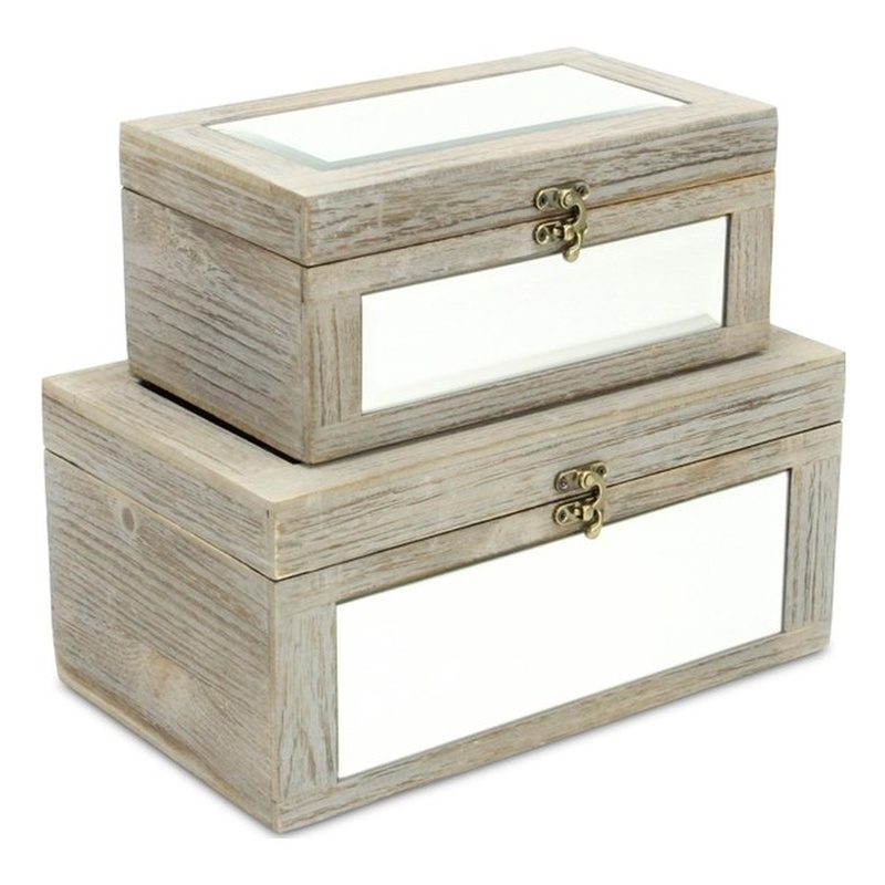 Pemberly Row Set of 2 Mirrored Wood Storage Boxes in Gray Wash