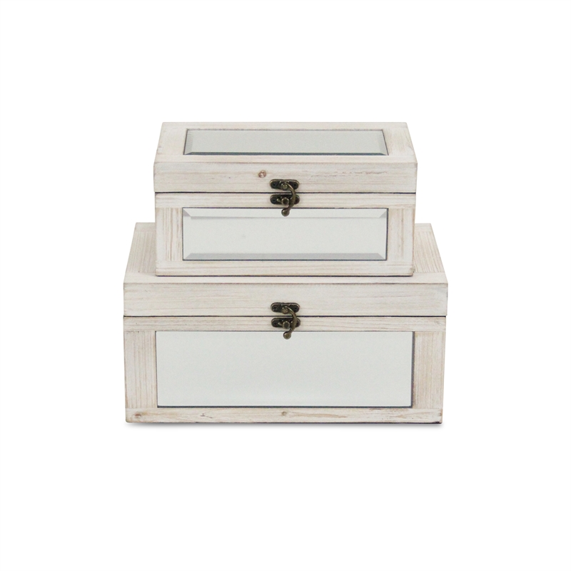 Pemberly Row Set of 2 Mirrored Wood Storage Boxes in White