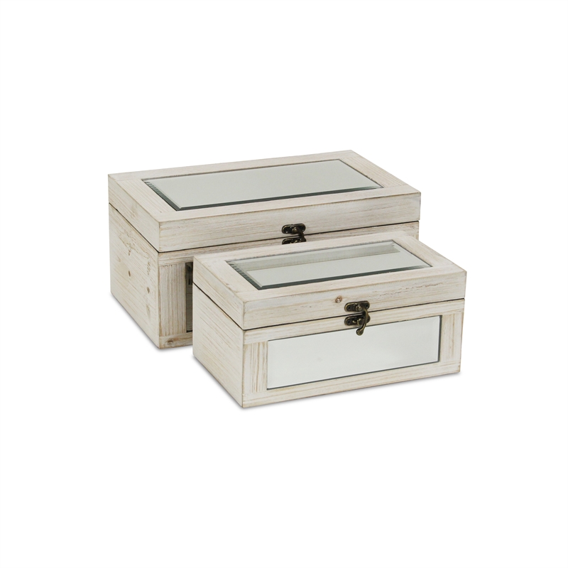 Pemberly Row Set of 2 Mirrored Wood Storage Boxes in White