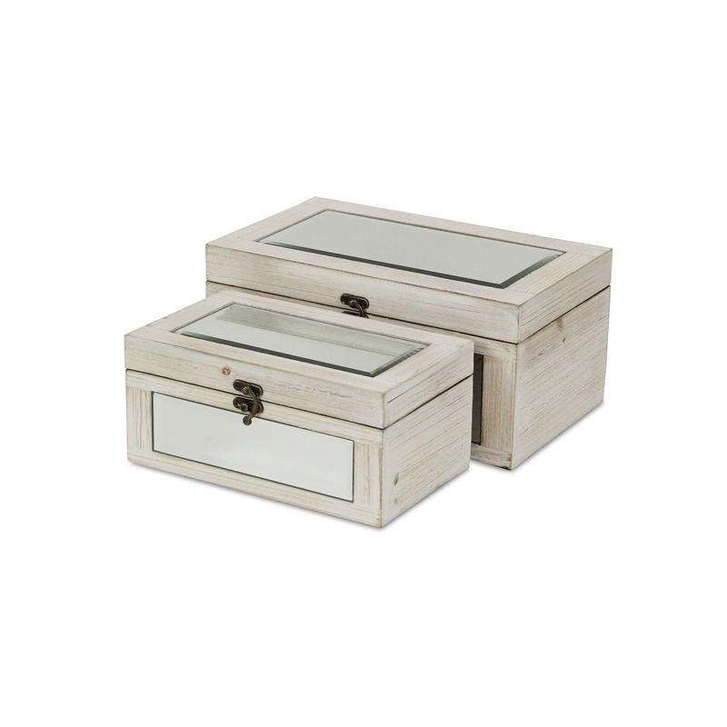 Pemberly Row Set of 2 Mirrored Wood Storage Boxes in White