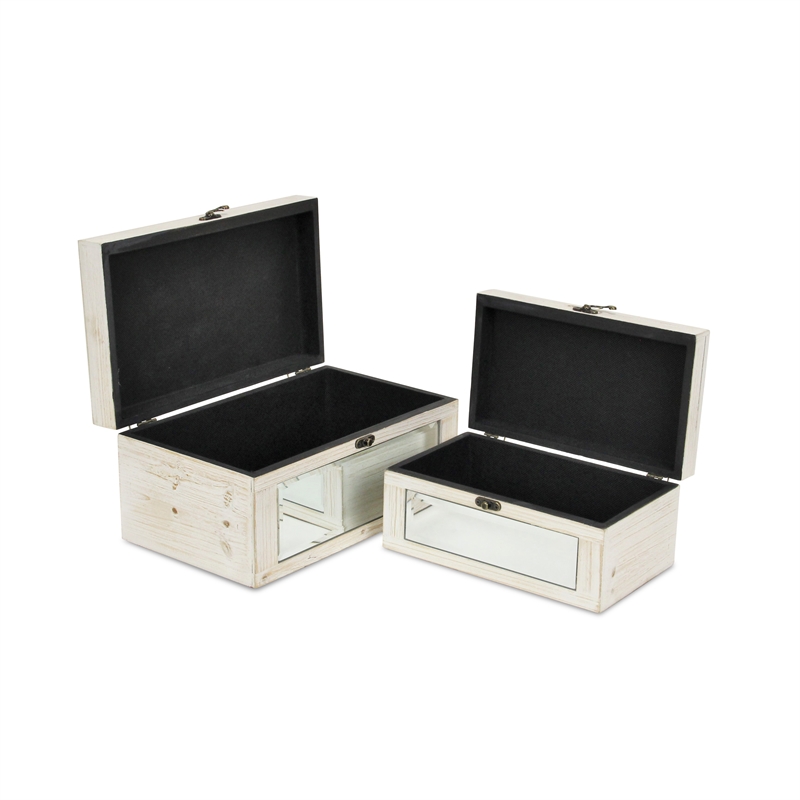Pemberly Row Set of 2 Mirrored Wood Storage Boxes in White