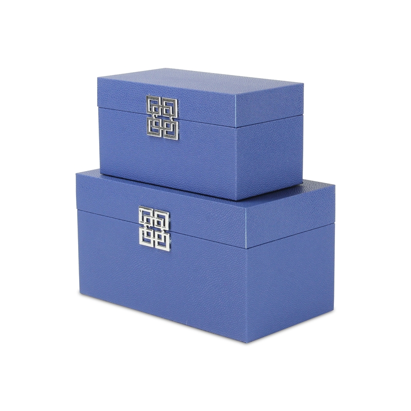 Pemberly Row Set of 2 Navy Shagreen Keepsake Boxes with Symbolic Handle