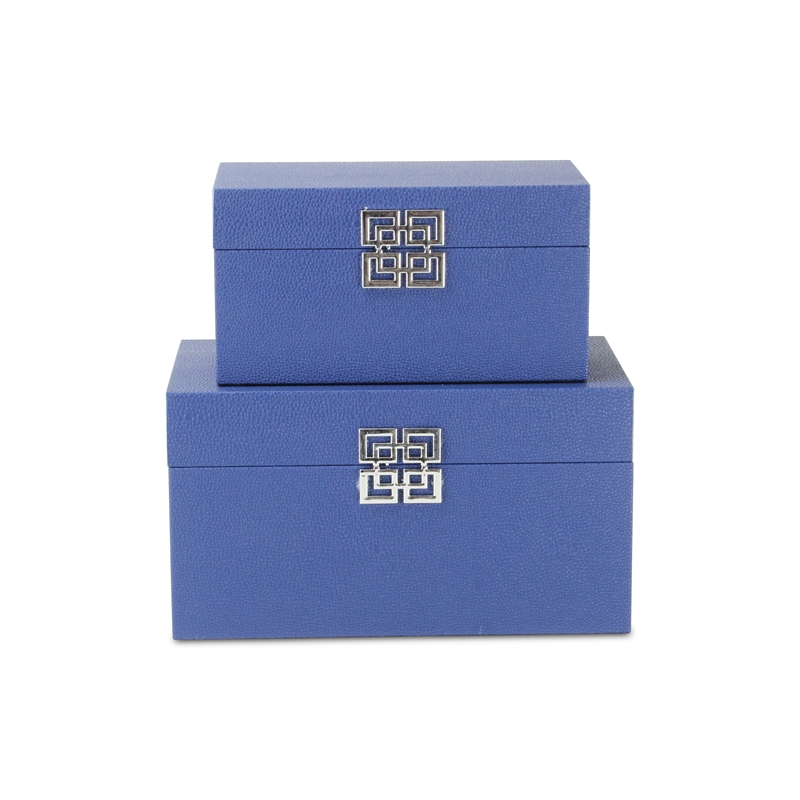 Pemberly Row Set of 2 Navy Shagreen Keepsake Boxes with Symbolic Handle