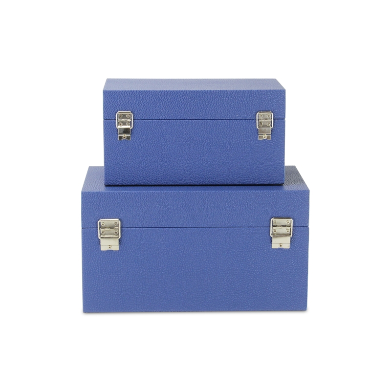 Pemberly Row Set of 2 Navy Shagreen Keepsake Boxes with Symbolic Handle