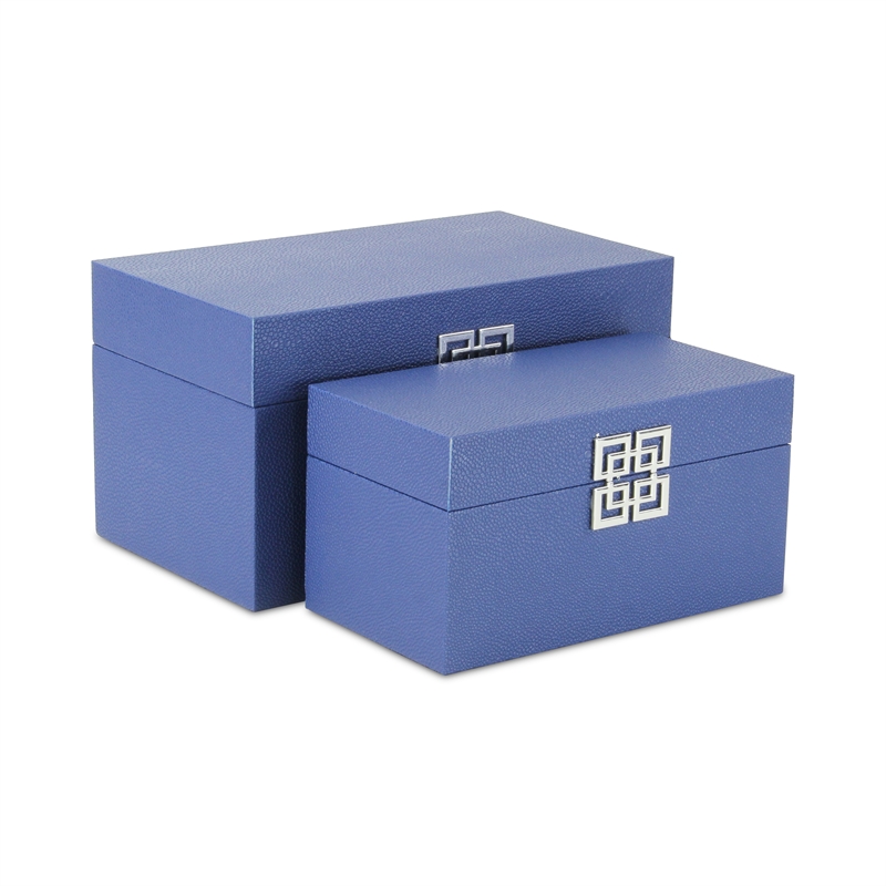 Pemberly Row Set of 2 Navy Shagreen Keepsake Boxes with Symbolic Handle