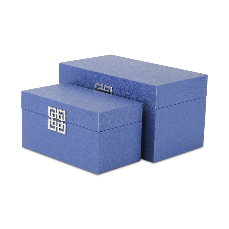 Pemberly Row Set of 2 Navy Shagreen Keepsake Boxes with Symbolic Handle