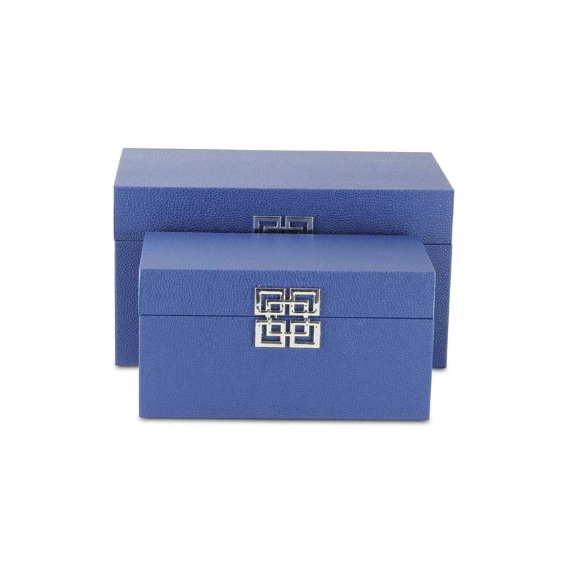 Pemberly Row Set of 2 Navy Shagreen Keepsake Boxes with Symbolic Handle