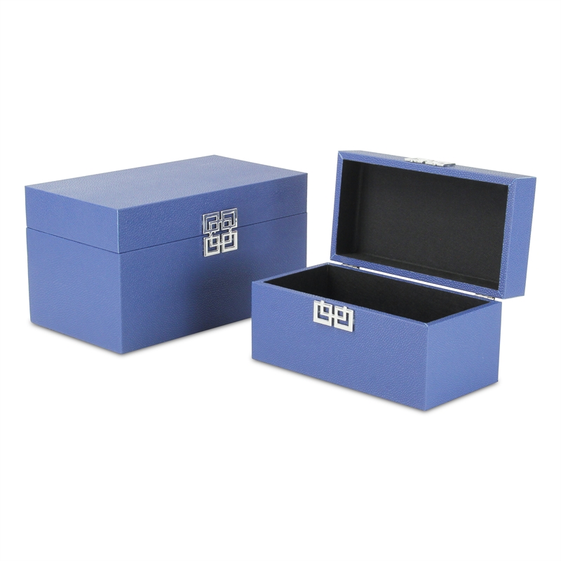 Pemberly Row Set of 2 Navy Shagreen Keepsake Boxes with Symbolic Handle