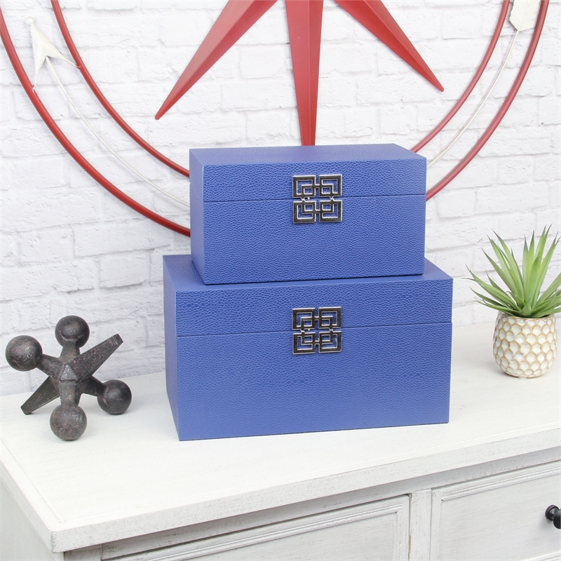 Pemberly Row Set of 2 Navy Shagreen Keepsake Boxes with Symbolic Handle