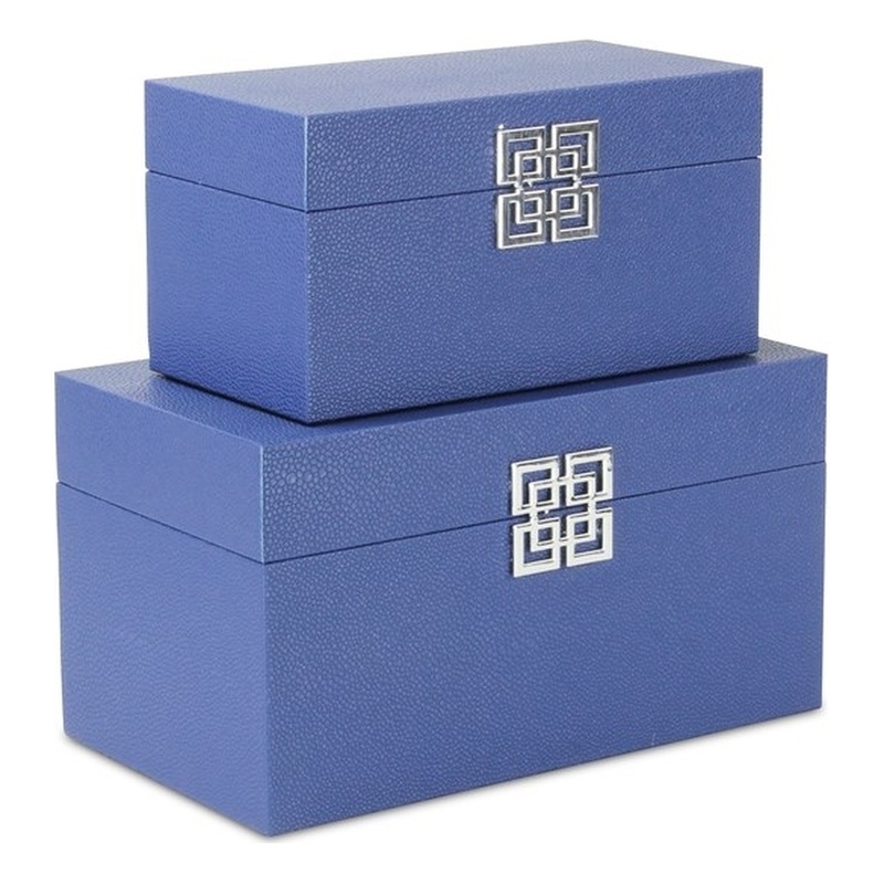 Pemberly Row Set of 2 Navy Shagreen Keepsake Boxes with Symbolic Handle