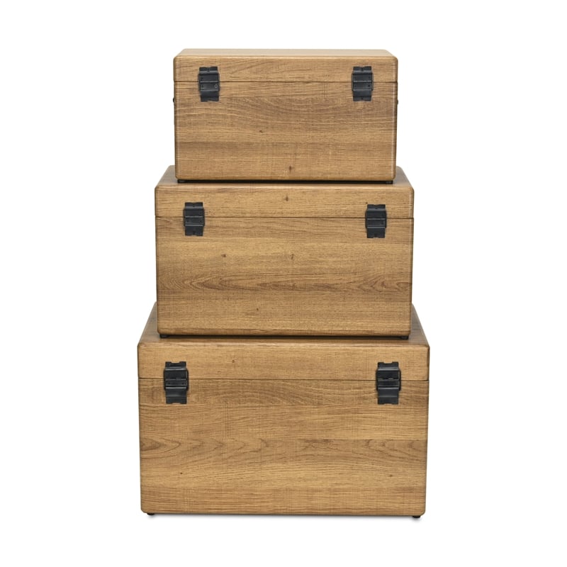 Pemberly Row Set of 3 Brown Storage Trunks with Black Handles