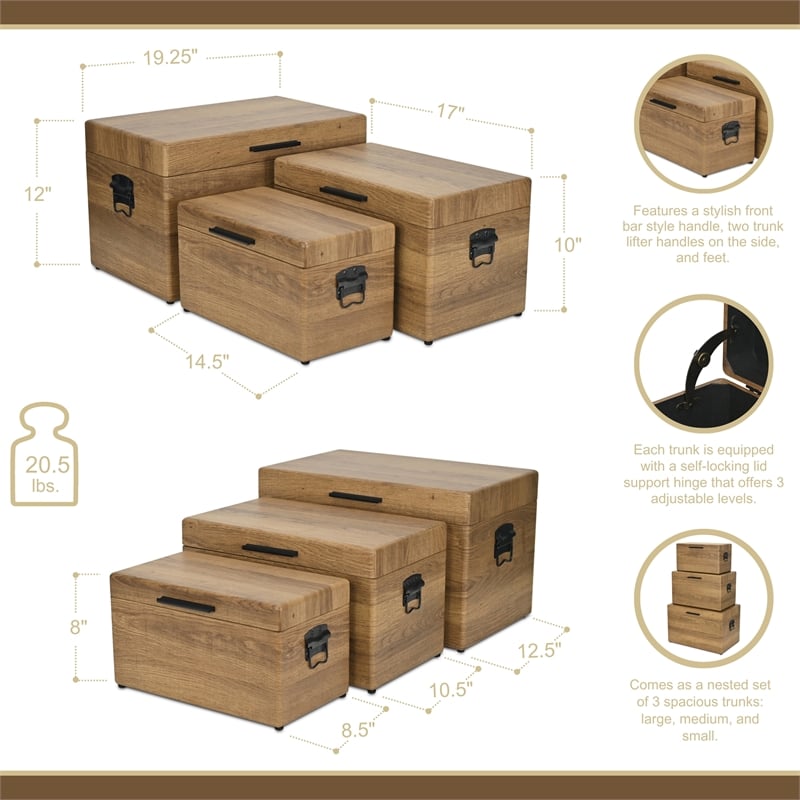 Pemberly Row Set of 3 Brown Storage Trunks with Black Handles