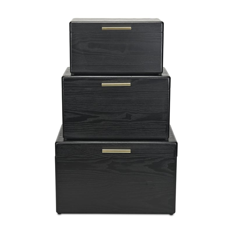 Pemberly Row Set of 3 Black Storage Trunks with Gold Handles