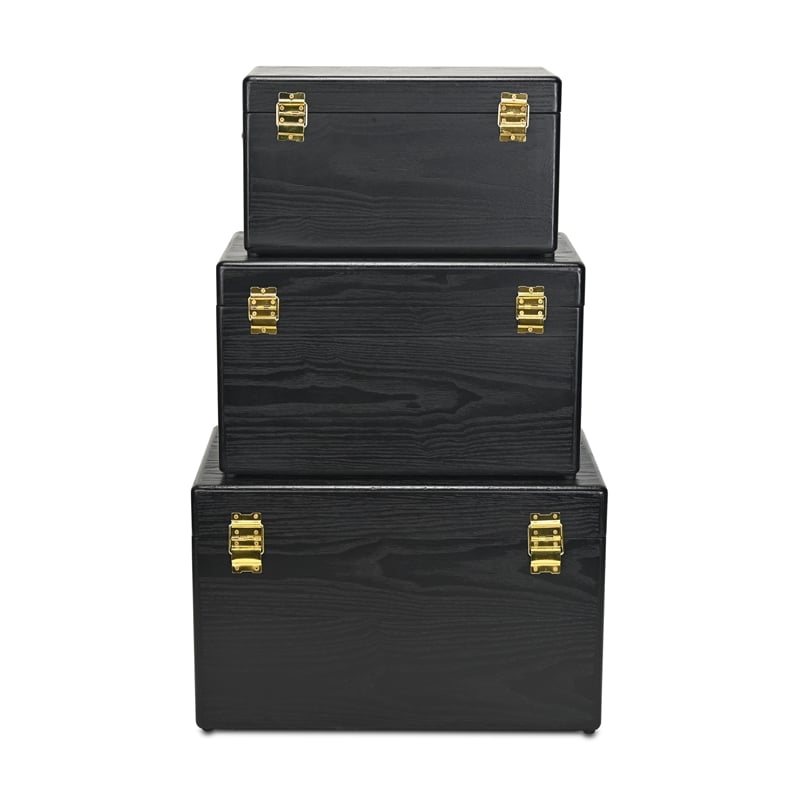 Pemberly Row Set of 3 Black Storage Trunks with Gold Handles