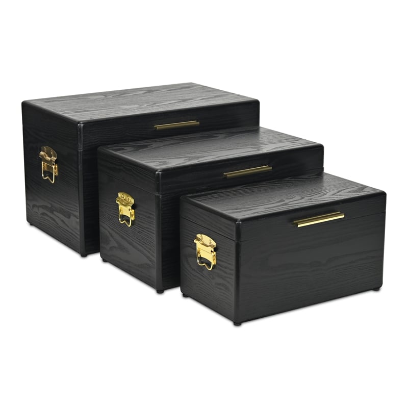 Pemberly Row Set of 3 Black Storage Trunks with Gold Handles
