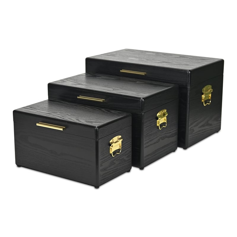 Pemberly Row Set of 3 Black Storage Trunks with Gold Handles