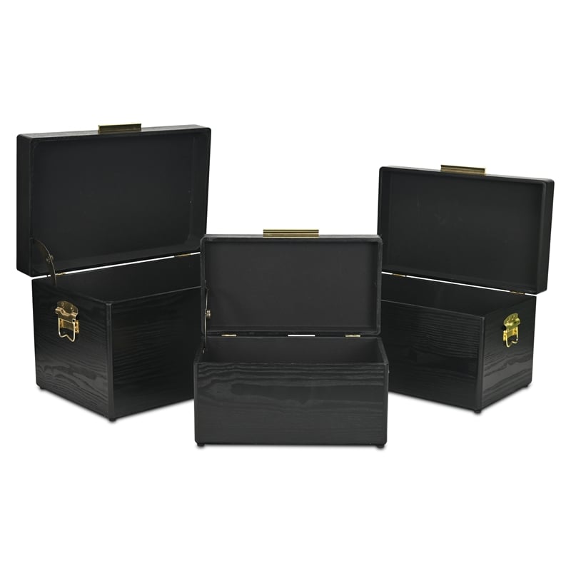 Pemberly Row Set of 3 Black Storage Trunks with Gold Handles