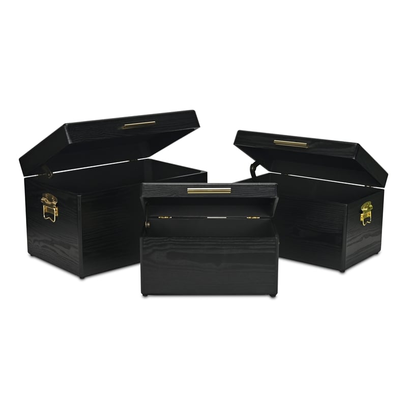 Pemberly Row Set of 3 Black Storage Trunks with Gold Handles