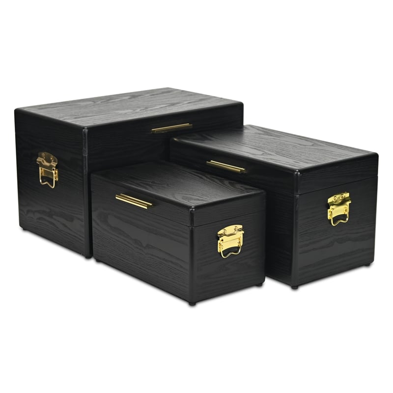 Pemberly Row Set of 3 Black Storage Trunks with Gold Handles