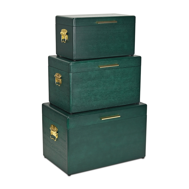 Pemberly Row Set of 3 Green Storage Trunks with Gold Handles