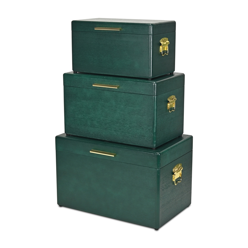 Pemberly Row Set of 3 Green Storage Trunks with Gold Handles